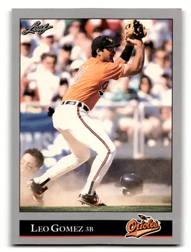 Original gloss Leo Gomez baseball card from 1992 Leaf #87 shown in Simply Sandoval Orioles product