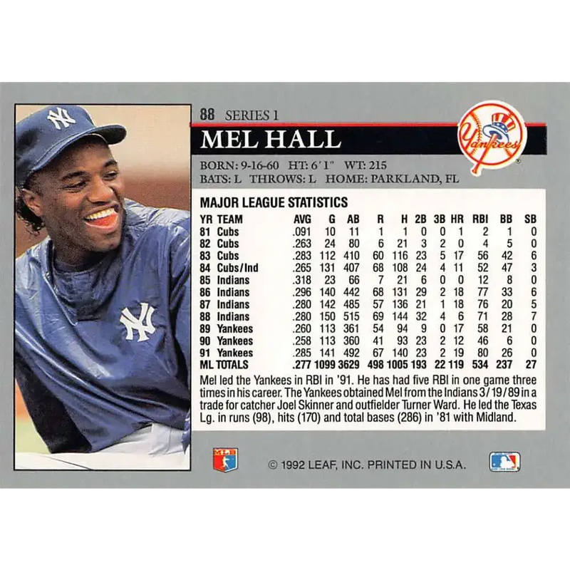 1992 Leaf #88 Mel Hall NM-MT New York Yankees Baseball Card - Baseball Card Single
