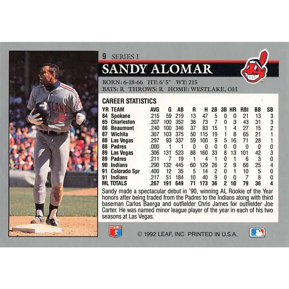1992 Leaf #9 Sandy Alomar Jr. NM-MT Cleveland Indians Baseball Card - Baseball Card Single