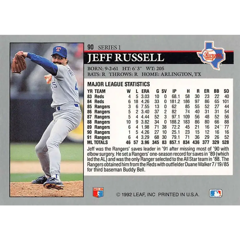 1992 Leaf #90 Jeff Russell NM-MT Texas Rangers Baseball Card - Baseball Card Single