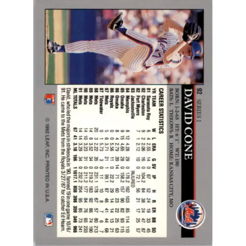 1992 Leaf #92 David Cone NM-MT New York Mets Baseball Card - Baseball Card Single