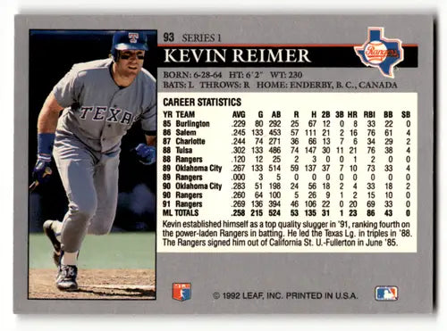 Original gloss Kevin Reimer baseball card from 1992 Leaf #93 featuring Rangers ID:60939