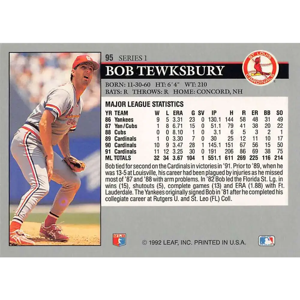 1992 Leaf #95 Bob Tewksbury NM-MT St. Louis Cardinals Baseball Card - Baseball Card Single