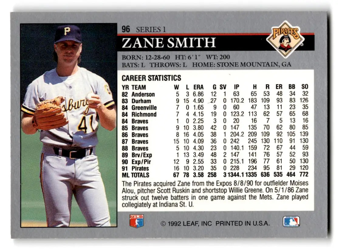 1992 Leaf #96 Zane Smith - Baseball Card Single