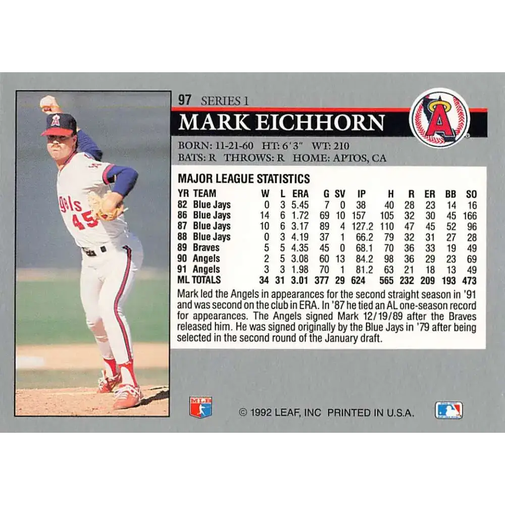 1992 Leaf #97 Mark Eichhorn NM-MT California Angels Baseball Card - Baseball Card Single