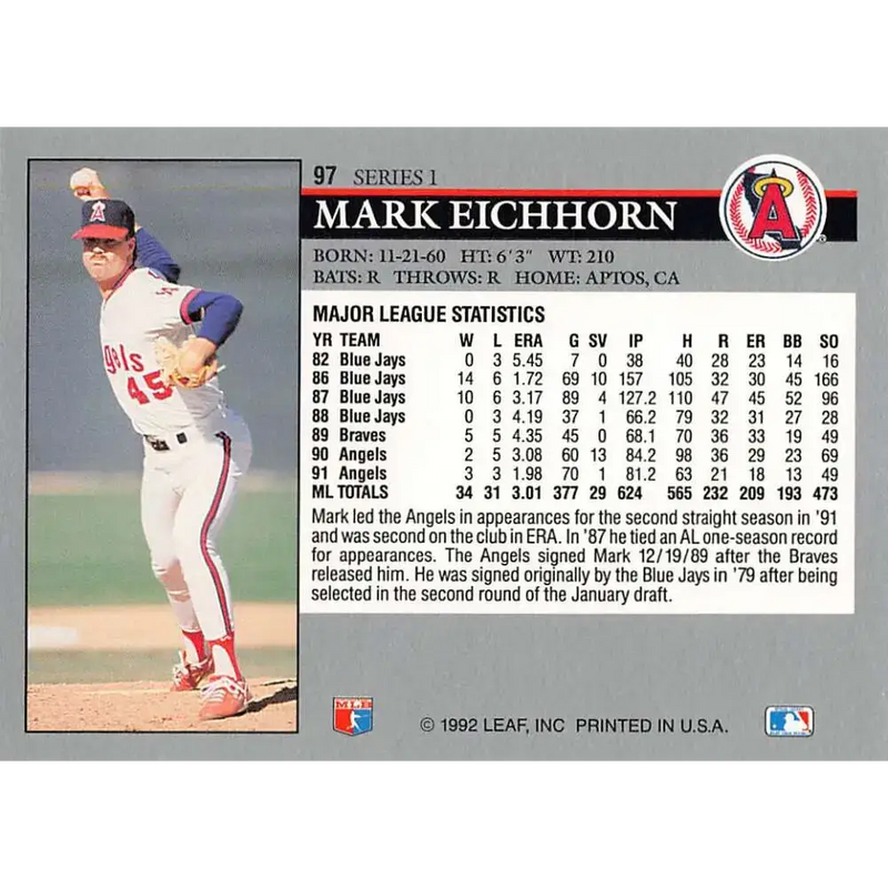 1992 Leaf #97 Mark Eichhorn NM-MT California Angels Baseball Card - Baseball Card Single