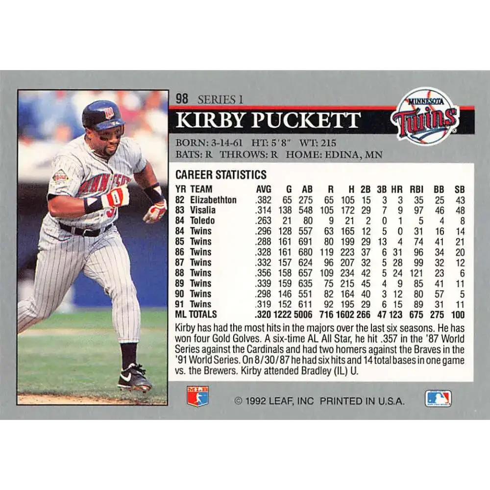 1992 Leaf #98 Kirby Puckett NM-MT Minnesota Twins Baseball Card - Baseball Card Single