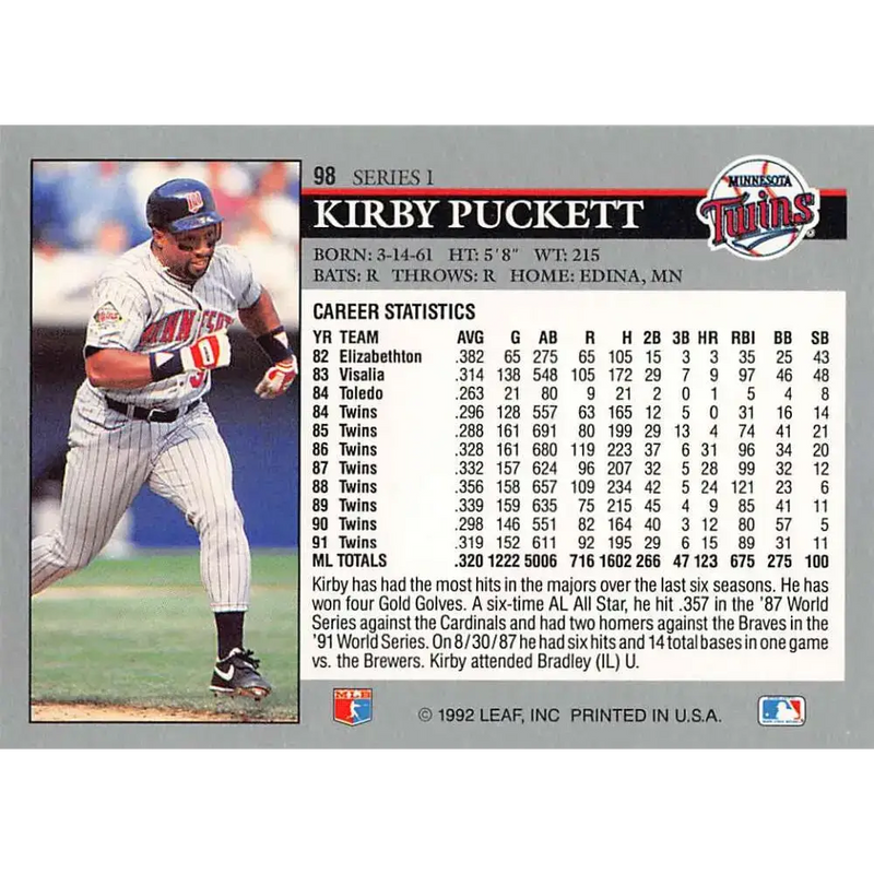 1992 Leaf #98 Kirby Puckett NM-MT Minnesota Twins Baseball Card - Baseball Card Single