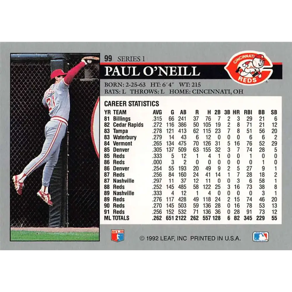 1992 Leaf #99 Paul O’Neill NM-MT Cincinnati Reds Baseball Card - Baseball Card Single