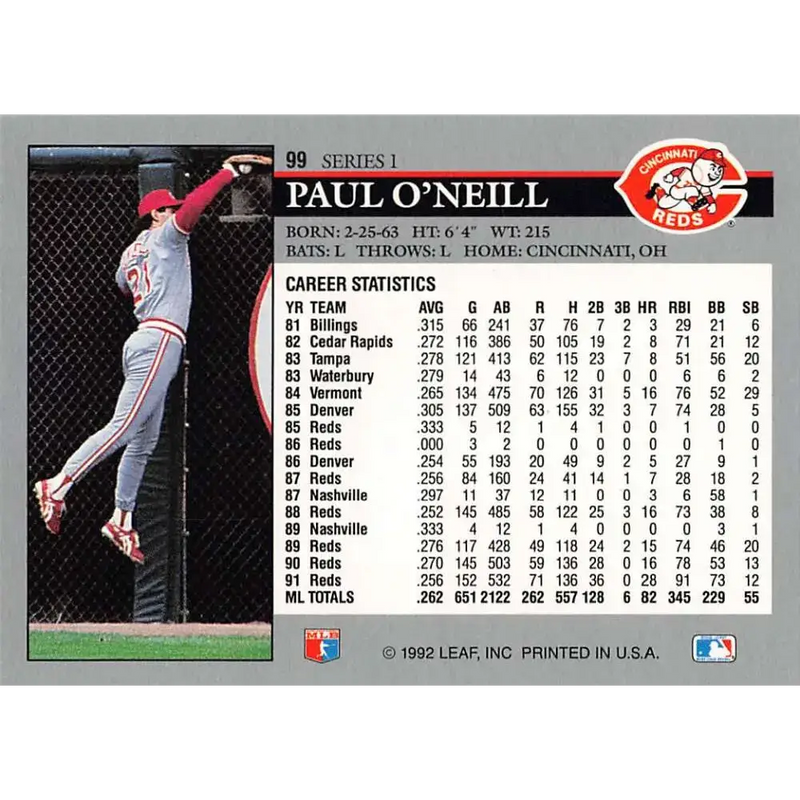 1992 Leaf #99 Paul O’Neill NM-MT Cincinnati Reds Baseball Card - Baseball Card Single