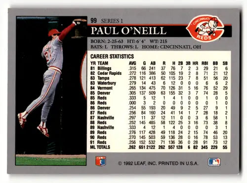Original gloss Paul O’Neill baseball card from 1992 Leaf featuring Reds ID 64235