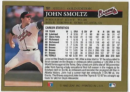 1992 Leaf Black Gold #191 John Smoltz NM-MT Braves - Baseball Card Single