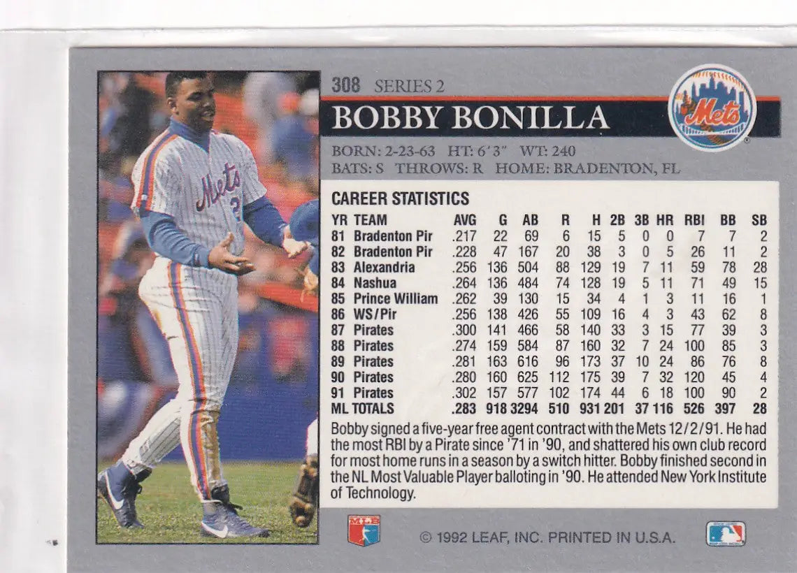 1992 LEAF SERIES 2 #308 BOBBY BONILLA- NEW YORK METS - Baseball Card Single