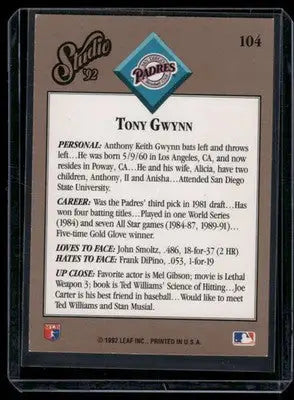 1992 Leaf Studio Tony Gwynn #104 Baseball - Baseball Card Single