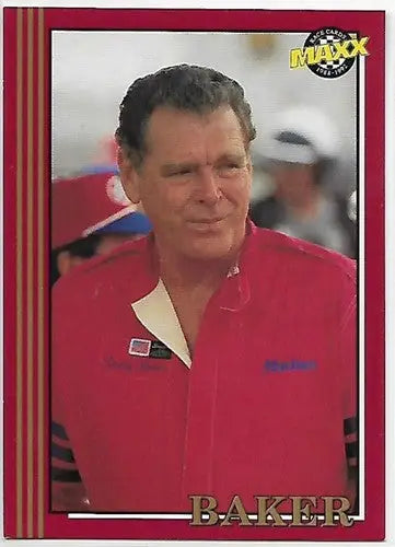 Vintage race card featuring Buddy Baker with original gloss from 1992 Maxx #20 Simply Sandoval