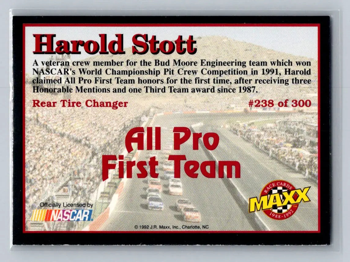 1992 Maxx (Black) #238 Harold Stott Bud Moore Engineering Rookie - Racing Card Single