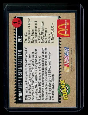 1992 Maxx McDonald’s All-Star Race Team #1 Auto Racing - Racing Card Single