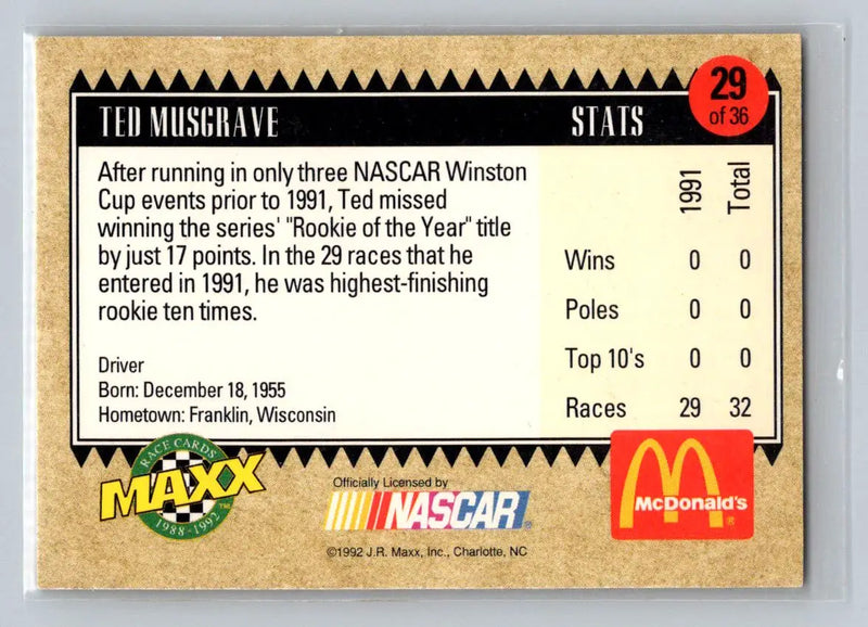 1992 Maxx McDonald’s All-Star Race Team #29 Ted Musgrave RaDiUs Motorsports - Racing Card Single