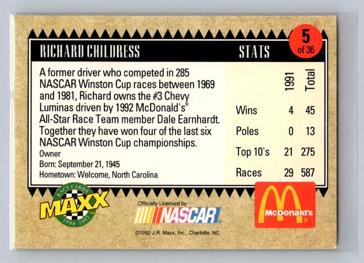1992 Maxx McDonald’s All-Star Race Team #5 Richard Childress - Racing Card Single