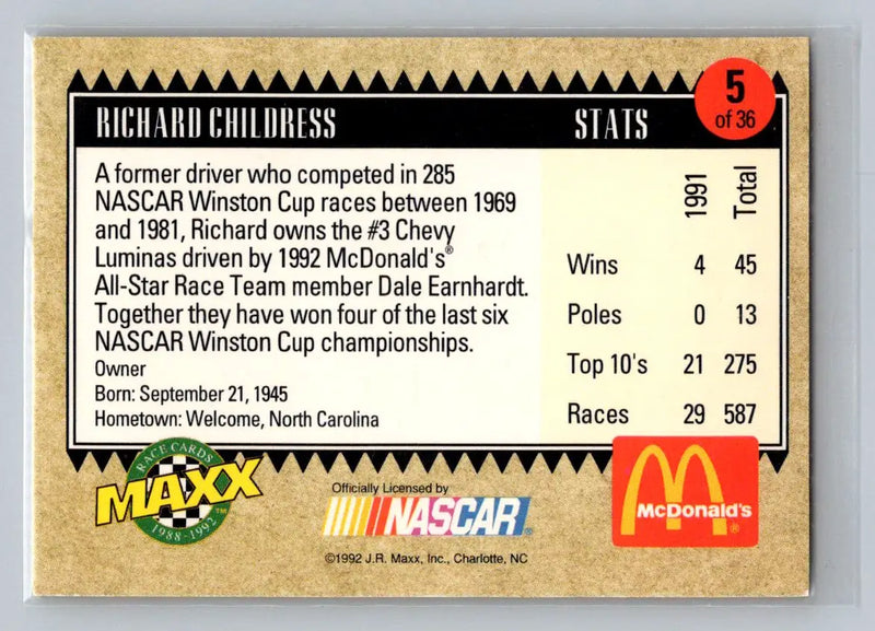 1992 Maxx McDonald’s All-Star Race Team #5 Richard Childress - Racing Card Single