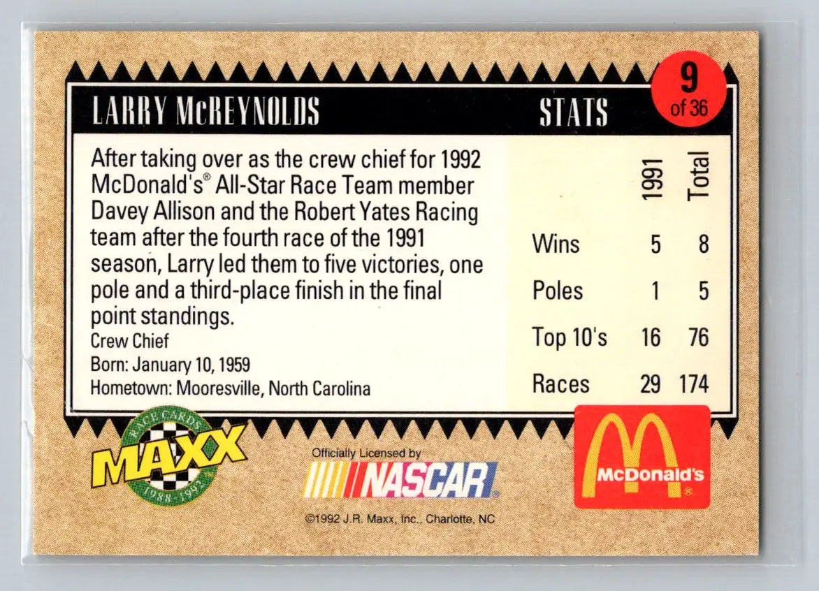 1992 Maxx McDonald’s All-Star Race Team #9 Larry McReynolds Robert Yates Racing - Racing Card Single