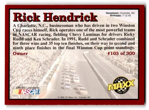 Maxx Red Rick Hendrick trading card with original gloss from 1992 Maxx Red series