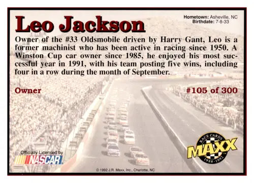 Original gloss 1992 Maxx Red Leo Jackson racing card NM-MT ID 44825