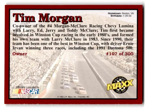 Original gloss Maxx Red Tim Morgan NASCAR trading card 1992 Near Mint ID 66025