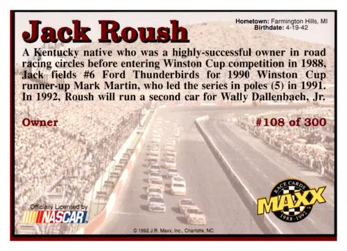 1992 Maxx Red #108 Jack Roush NM-MT ID:44822 - Racing Card Single