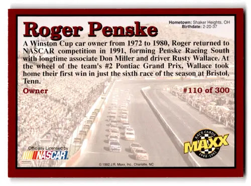 Original gloss 1992 Maxx Red Roger Penske NASCAR trading card NM Near Mint
