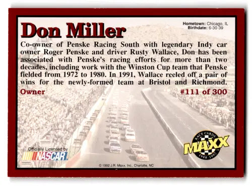Maxx Red Don Miller racing card with original gloss from 1992 Maxx Red series