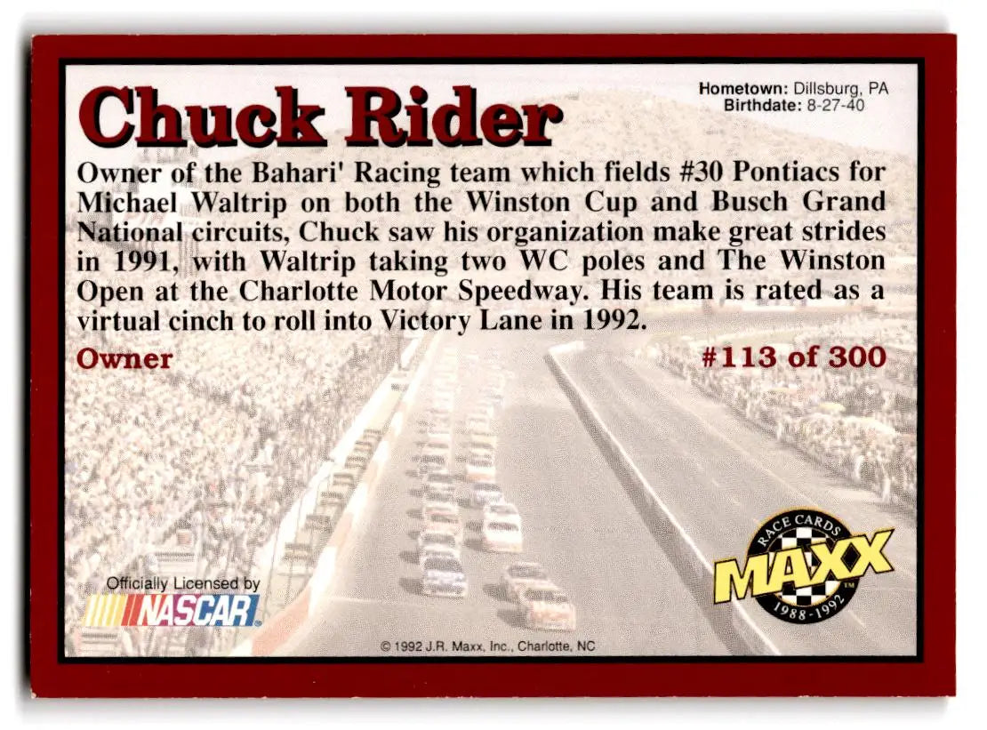 1992 Maxx (Red) #113 Chuck Rider - Racing Card Single