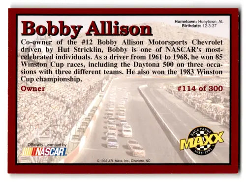 Original gloss 1992 Maxx Red Bobby Allison racing card NM Near Mint ID:66020