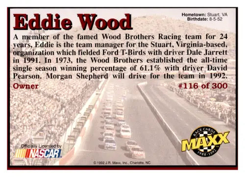 1992 Maxx Red #116 Eddie Wood NM-MT ID:44820 - Racing Card Single
