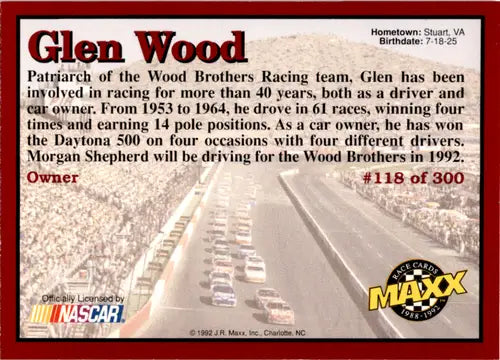 1992 Maxx Red Glen Wood racing card with original gloss ID 45844