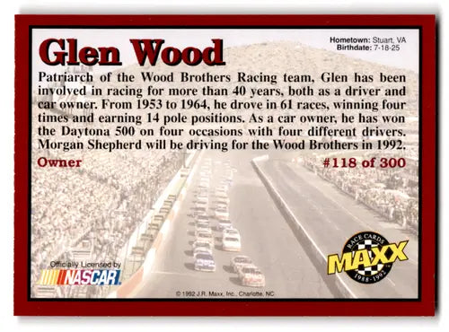 1992 Maxx Red Glen Wood Racing Card with Original Gloss in Near Mint Condition