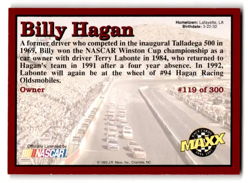 1992 Maxx Red #119 Billy Hagan NM Near Mint ID:66017 - Racing Card Single