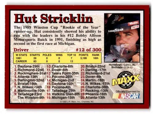 Original gloss Maxx Red Hut Stricklin racing card from 1992 Maxx Red series