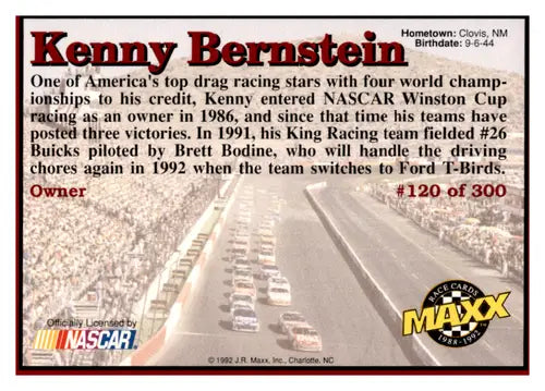 1992 Maxx Red #120 Kenny Bernstein NM-MT ID:44819 - Racing Card Single