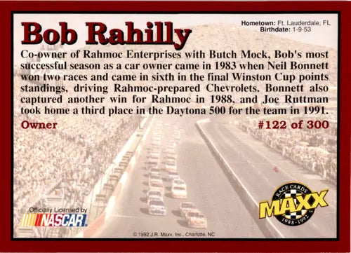 Bob Rahilly race card on 1992 Maxx Red #122 with original gloss NM-MT condition