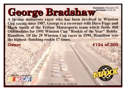 Original gloss Maxx Red George Bradshaw racing card from 1992 Maxx Red series