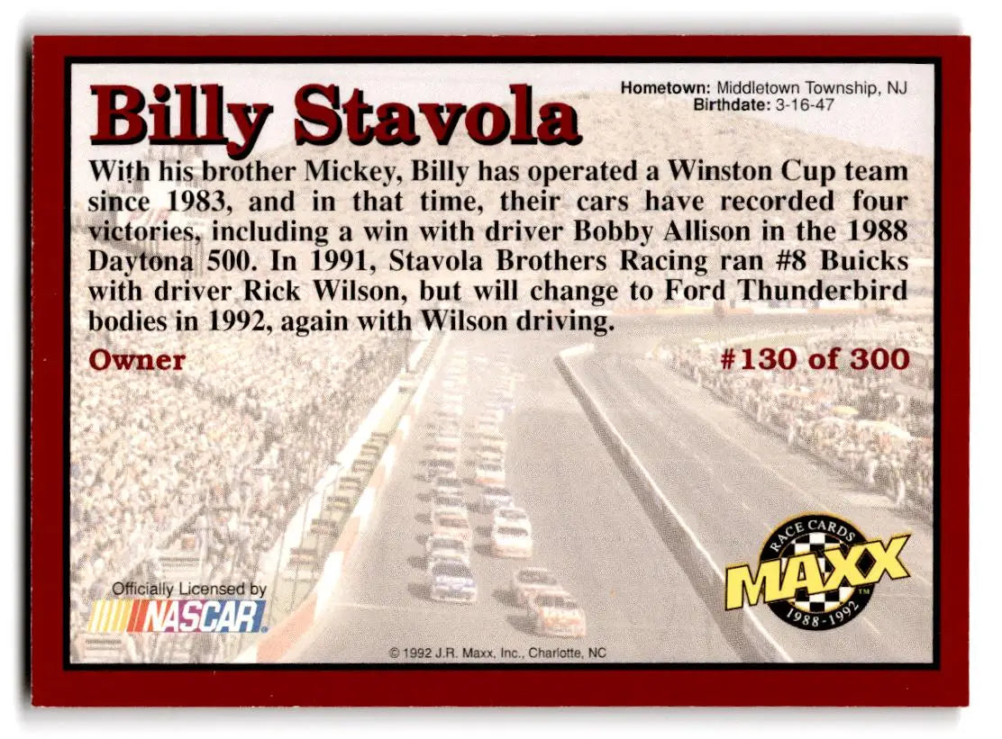 1992 Maxx (Red) #130 Bill Stavola - Racing Card Single
