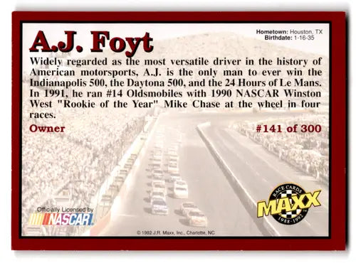 A.J. Foyt racing card with original gloss from 1992 Maxx Red series by Simply Sandoval