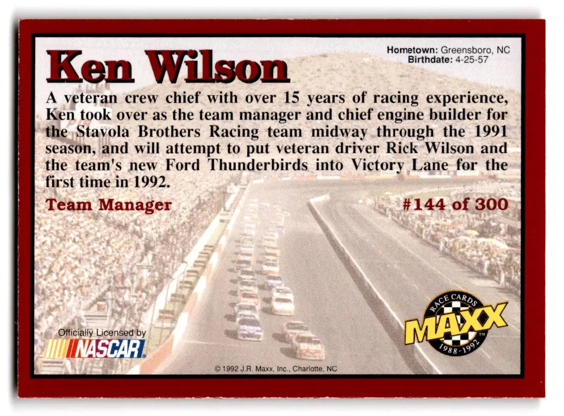 1992 Maxx (Red) #144 Ken Wilson - Racing Card Single