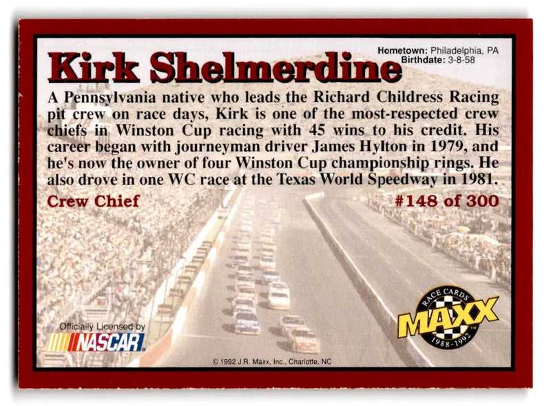 1992 Maxx (Red) #148 Kirk Shelmerdine - Racing Card Single