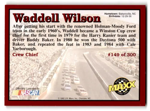 Original gloss 1992 Maxx Red Waddell Wilson NASCAR trading card near mint condition