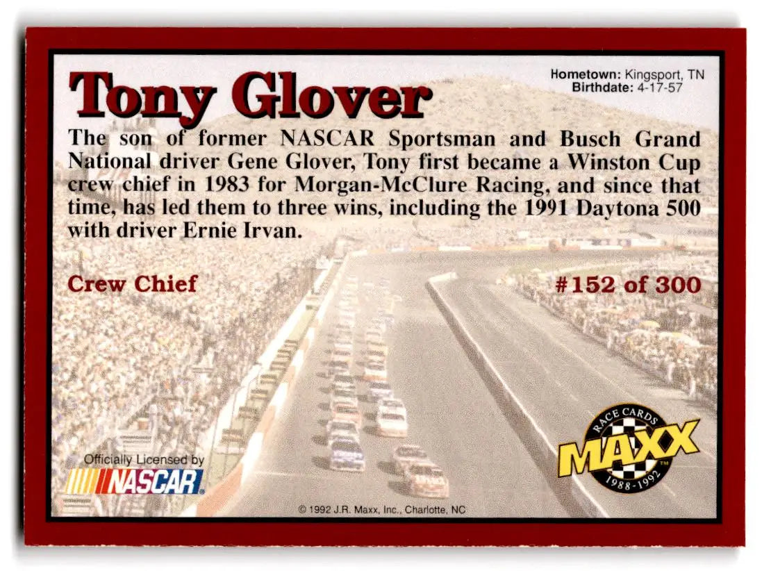 1992 Maxx (Red) #152 Tony Glover - Racing Card Single