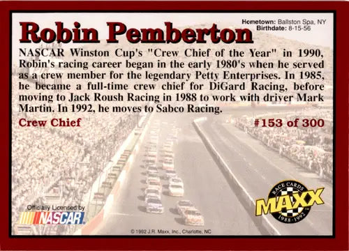 Original gloss Robin Pemberton NASCAR trading card from Maxx Red series featuring 1992 Maxx Red Robin Pemberton