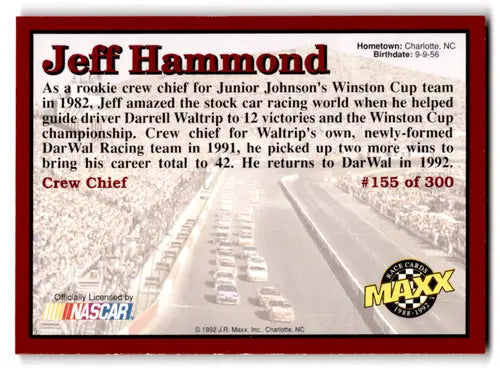 Original gloss 1992 Maxx Red Jeff Hammond NASCAR trading card in near mint condition