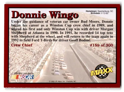 Original gloss 1992 Maxx Red Donnie Wingo racing card NM Near Mint ID 66013